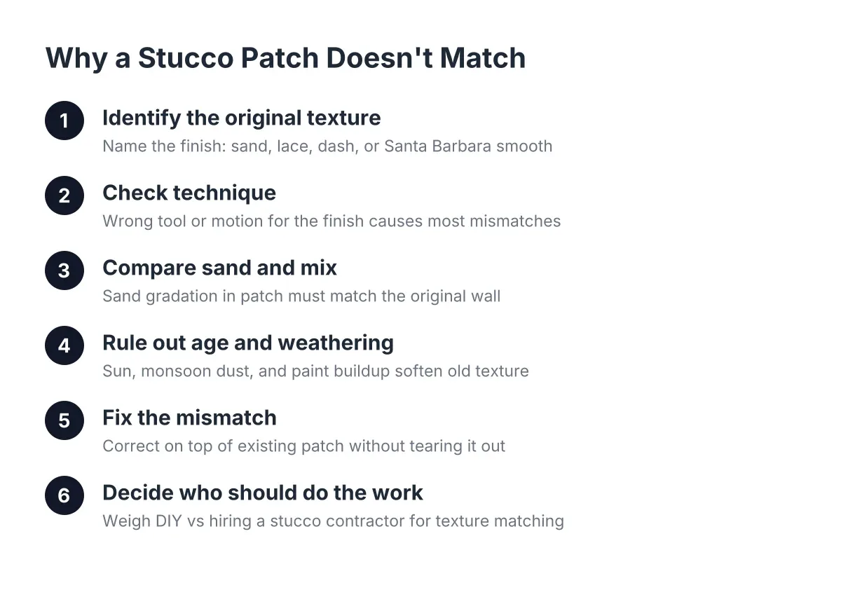 Six steps diagnosing why a stucco patch doesn't match the surrounding wall texture