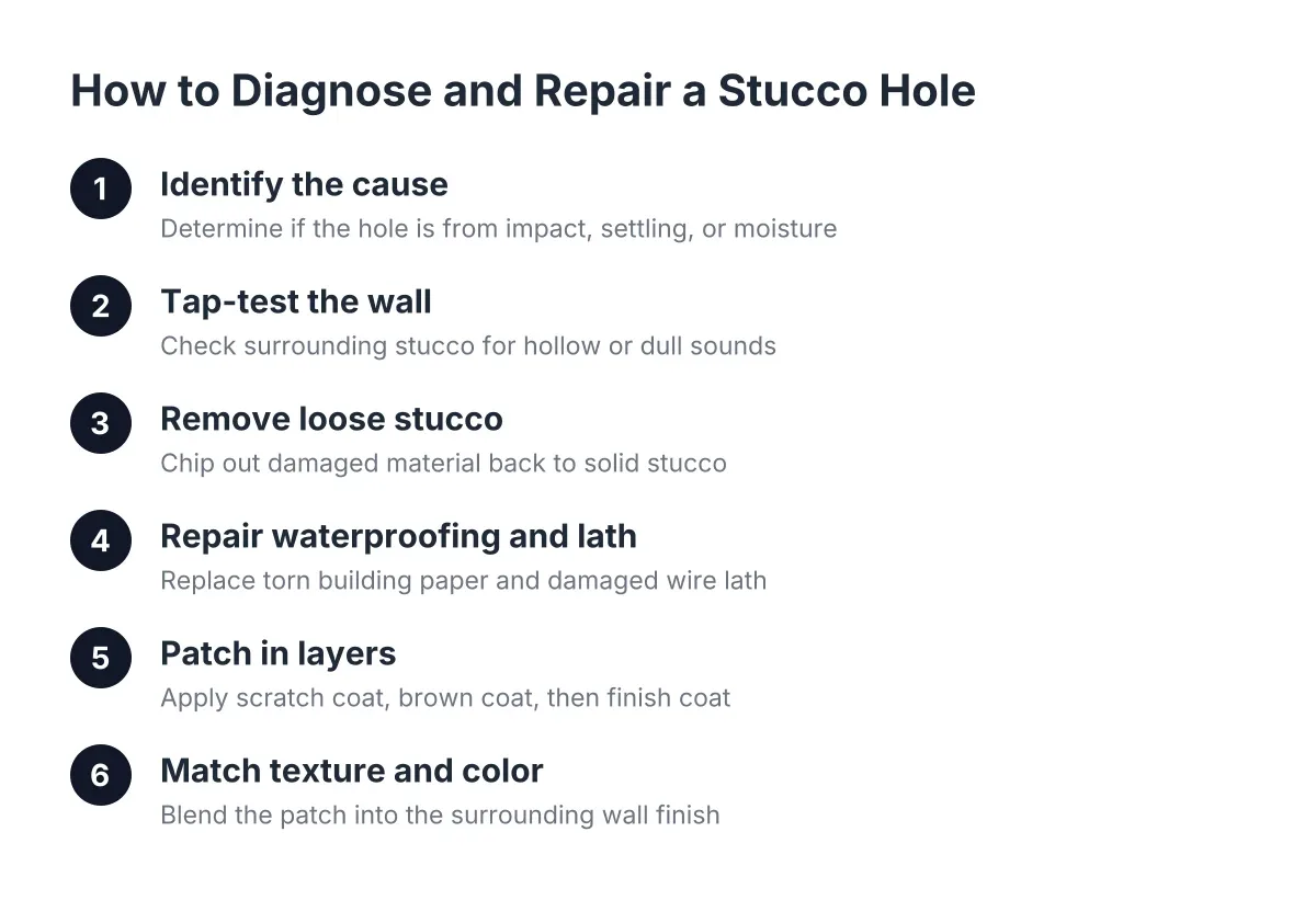 Diagram of steps to diagnose stucco hole causes and repair the damage