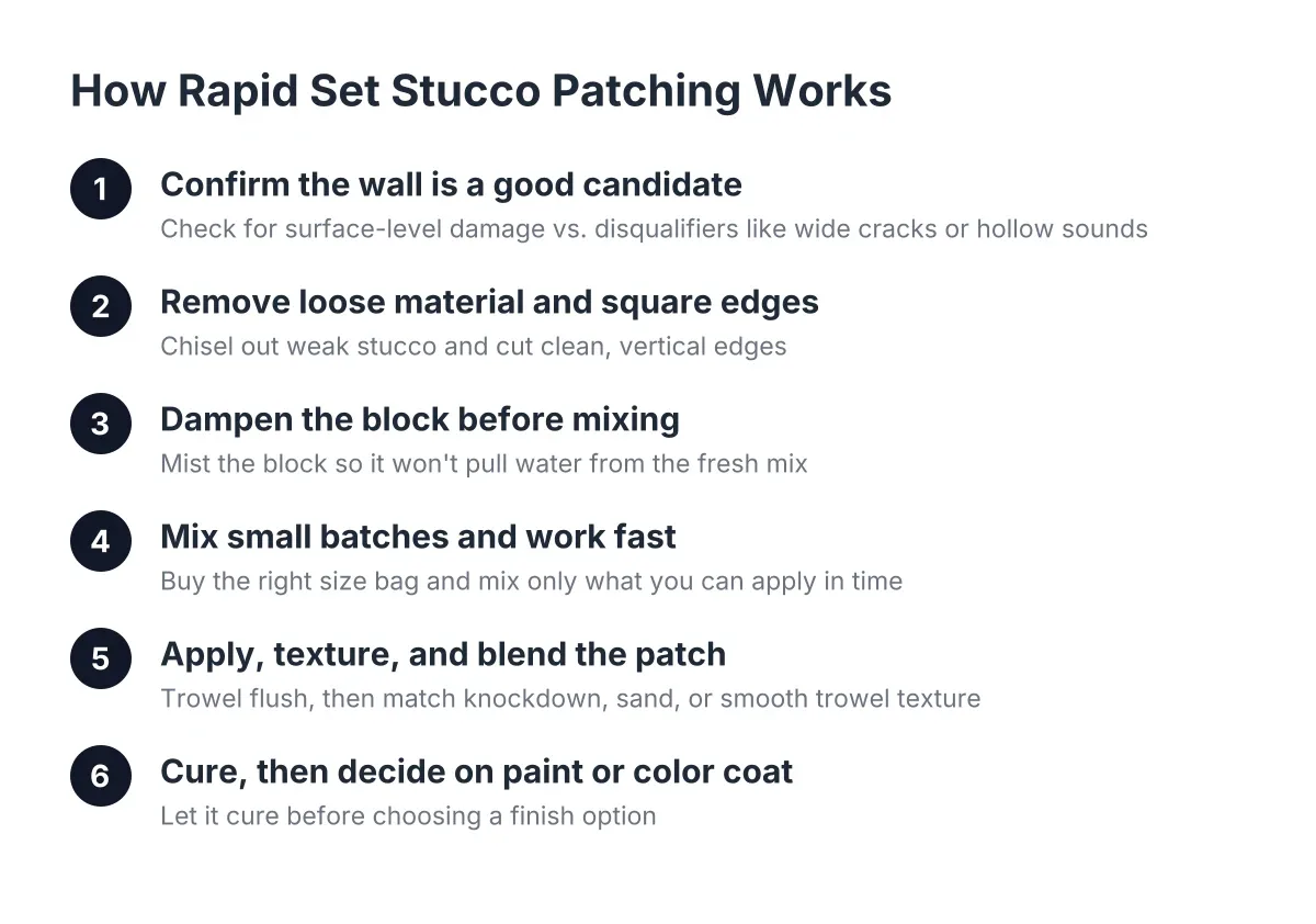 Steps showing the rapid set stucco patching process on block walls