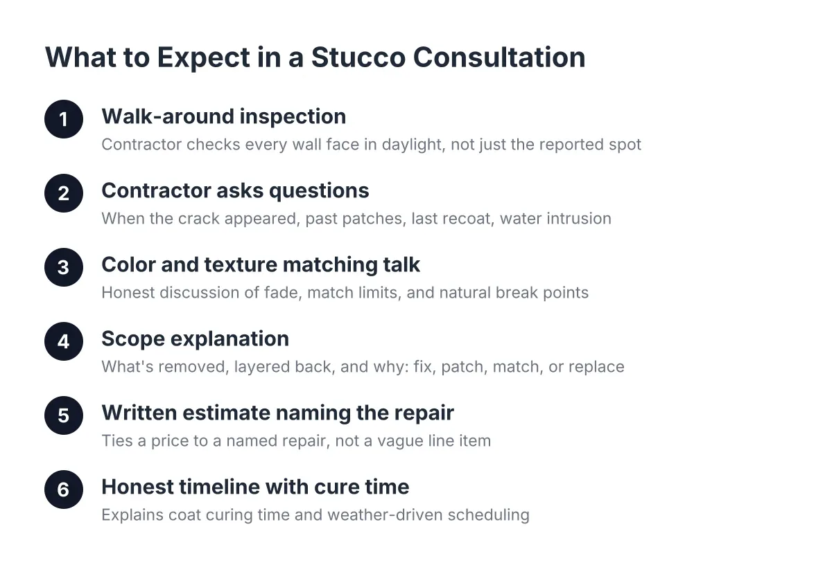 Process steps showing what to expect during a stucco contractor consultation
