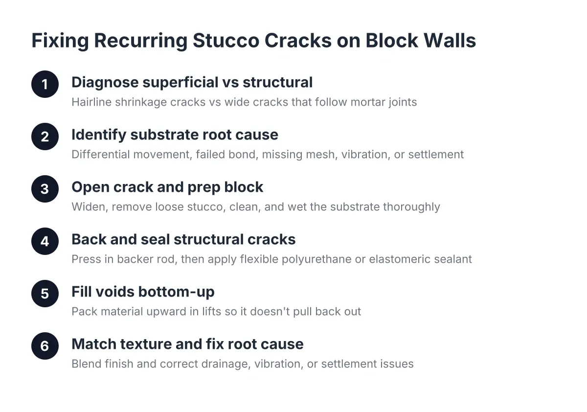 Diagram of steps to diagnose and repair recurring stucco cracks on block walls