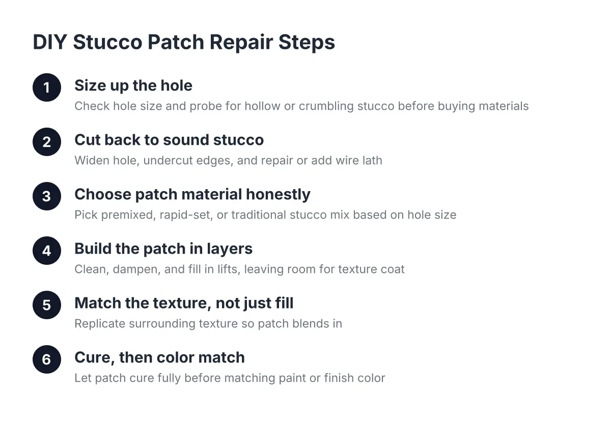 Numbered diagram of DIY stucco hole repair steps and common failure points