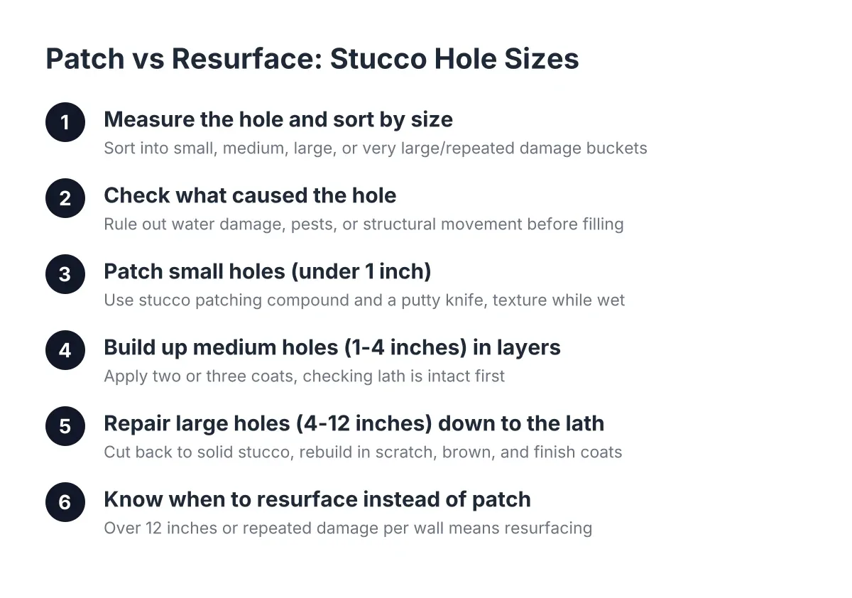 Steps showing when to patch vs resurface stucco based on hole size