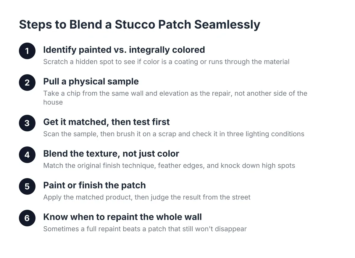 Diagram of six steps for stucco patch blending and color matching after repair