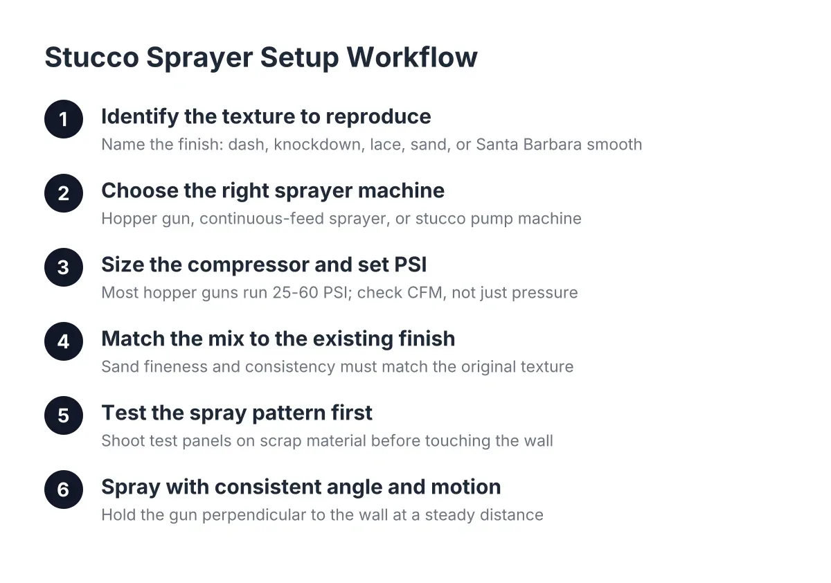 Steps for setting up a stucco sprayer machine and compressor to match stucco texture