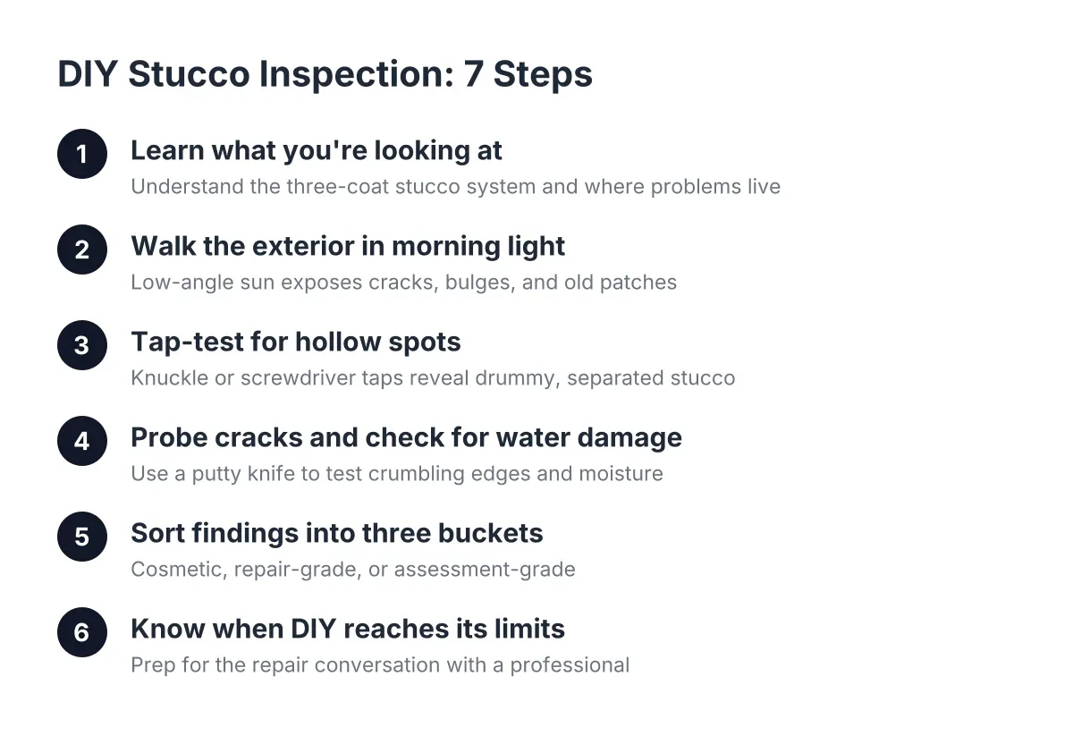 Diagram of seven steps in a DIY stucco inspection for Scottsdale homes