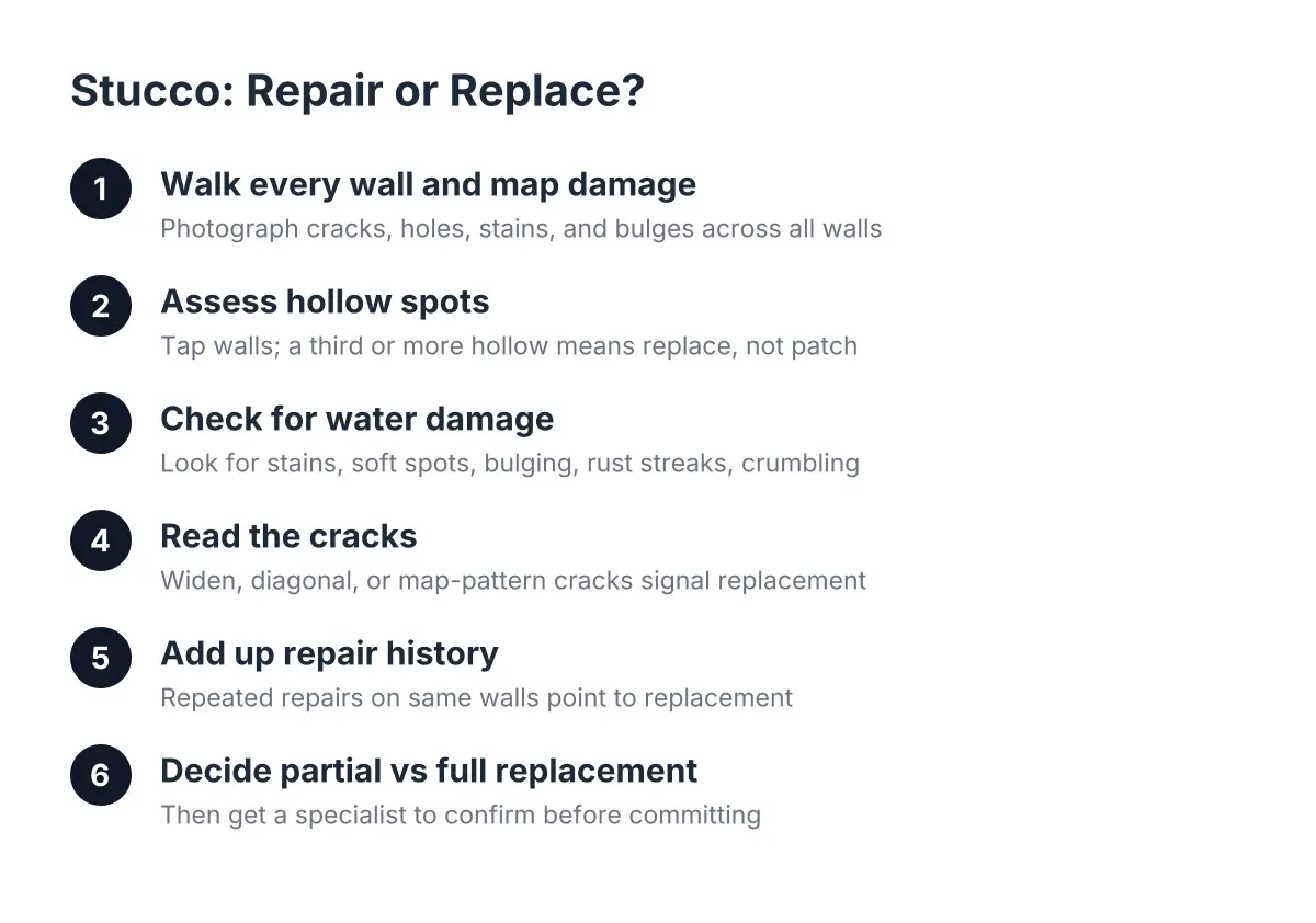Diagram of steps for deciding stucco replacement vs repair on a house exterior