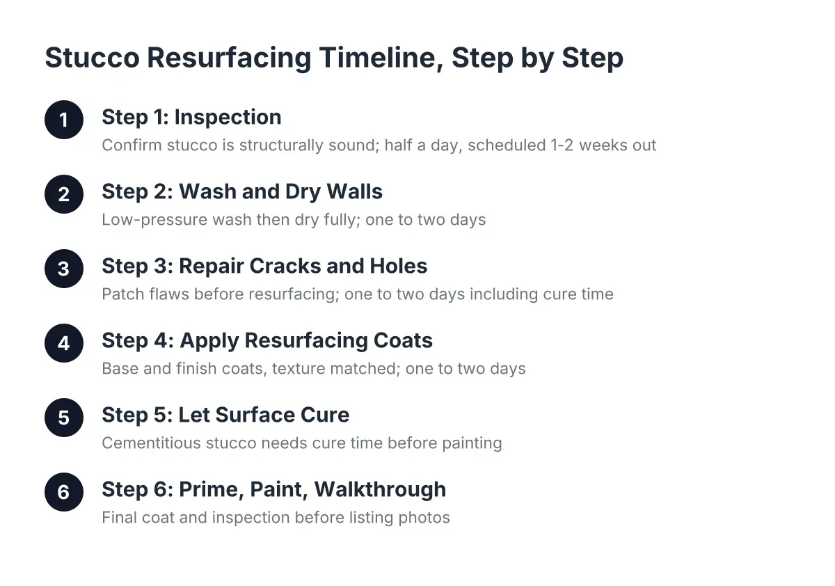 Six-step stucco resurfacing timeline from inspection to final paint walkthrough