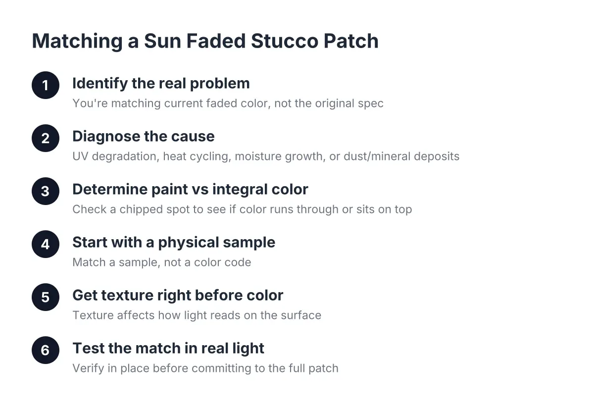 Steps professionals use to match a sun faded stucco patch in Arizona
