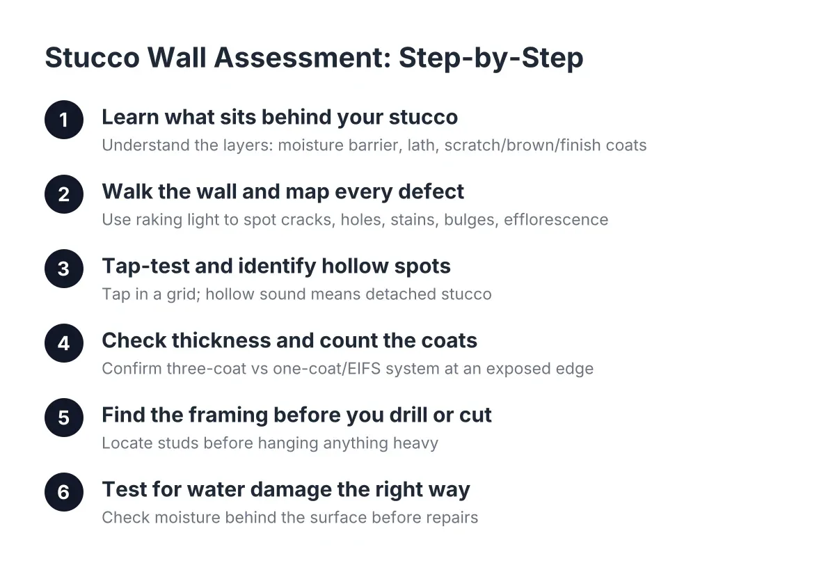 Diagram of stucco inspection steps for assessing wall damage before repair