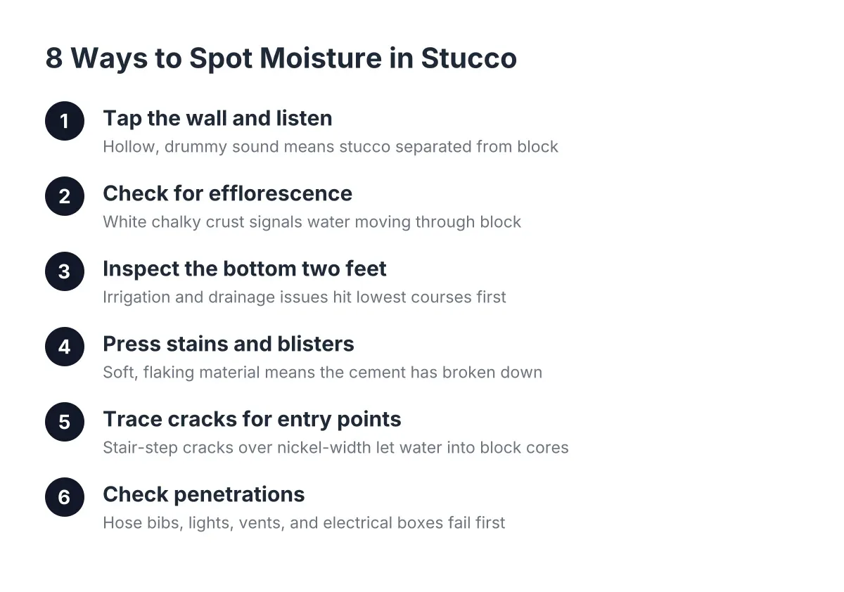 Steps to spot moisture in stucco walls over concrete block, from tapping to checking penetrations