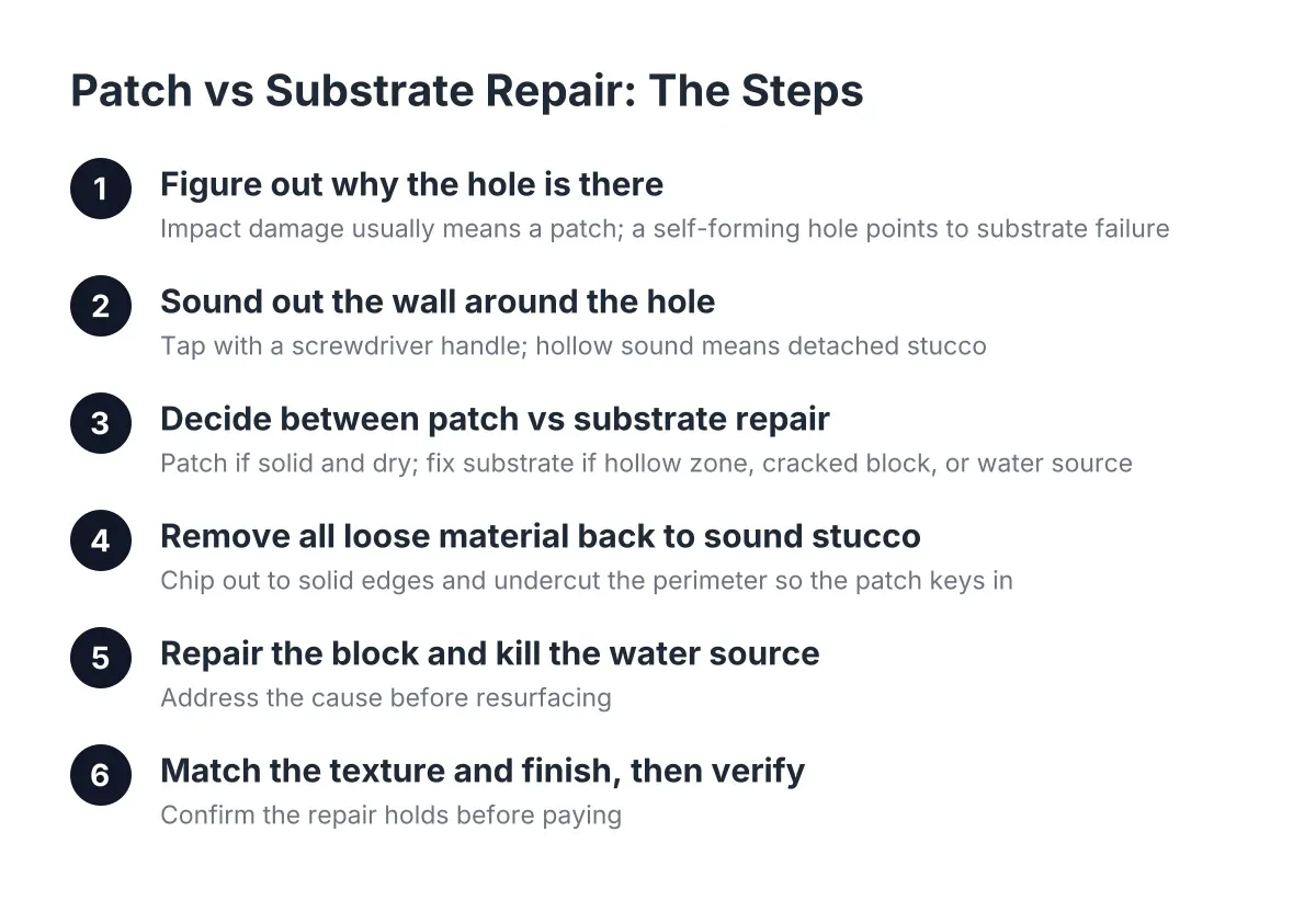 Diagram of steps for patch vs substrate repair on stucco block walls